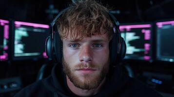 Intense hacker stares intently at multiple computer screens photo