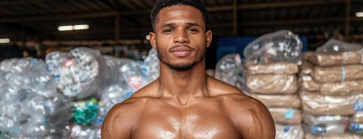 Confident man stands amidst recycled plastic bottles photo