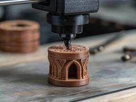 A 3D printer creating an intricate brown cylinder object photo