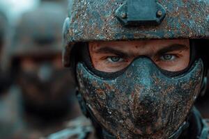 Intense gaze of a soldier wearing a helmet and mask photo