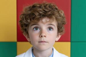 Adorable young boy with curly hair looking up photo