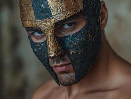 Intense portrait of a man wearing an ornate mask photo