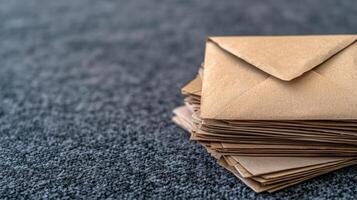 Stack of brown craft paper envelopes on textured surface photo
