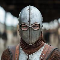 Medieval knight with metal helmet and partial armor photo