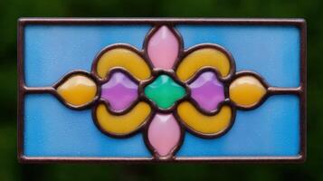 Colorful stained glass window with floral design and raindrops photo