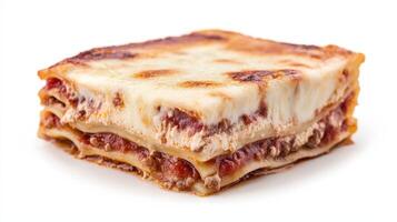Delicious, cheesy lasagna portion on a white background photo