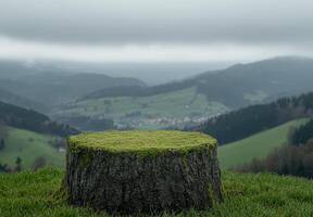 Mossy tree stump in a lush, green landscape photo