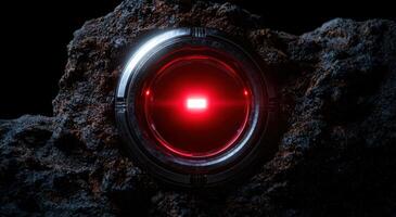 Futuristic robot eye embedded in a rocky surface photo