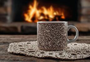 Cozy patterned mug on a rustic table by fireplace photo