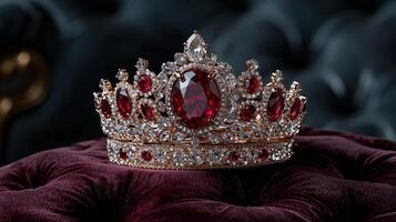 Opulent ruby and diamond crown resting on velvet cushion photo