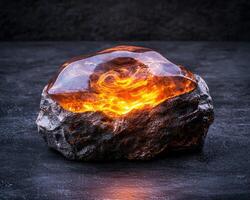 Glowing molten rock with a translucent shell on a surface photo