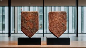 Ancient stone shield artifacts displayed in a museum exhibit photo