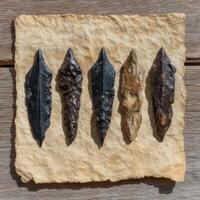 Ancient stone arrowheads display on rustic parchment paper photo