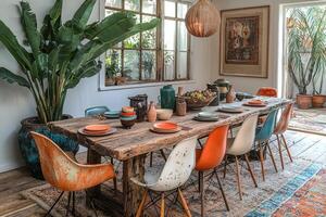 Beautifully decorated dining room with rustic wooden table and chairs photo