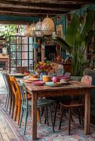 A rustic wooden table is set for a dining occasion photo