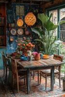 A beautifully decorated dining area with rustic furniture and floral arrangements photo