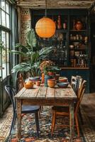 A dining room with table and decorative vintage items displayed photo