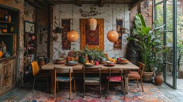 A dining room decorated in a bohemian and eclectic style photo