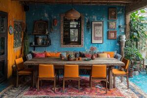 A colorful open air dining area with bohemian style and furniture photo