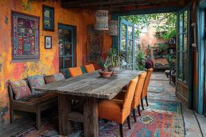 An outdoor dining area with colorful walls and rustic furniture photo