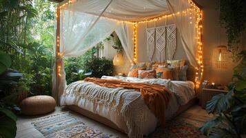 An inviting bedroom space with a bed surrounded by greenery photo