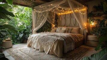 A Cozy Bedroom Featuring Plants And String Lights Presents Calmness photo