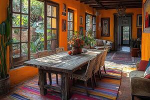 A vibrant dining area with a wooden table and colorful rug photo