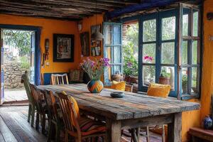 A rustic dining room filled with colorful and vibrant furnishings photo