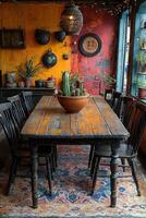 A rustic wooden table surrounded by chairs in a warm room photo