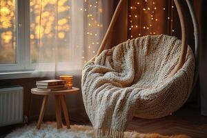Cozy reading nook features hanging chair and illuminated window photo