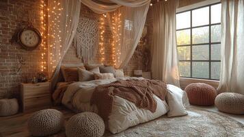 A cozy bedroom with comfortable bedding and string lights photo