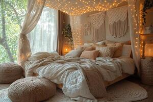 Cozy bedroom interior with string lights and comfortable bedding displayed photo