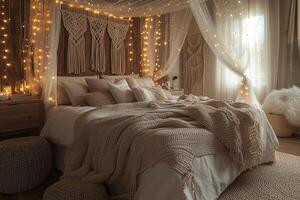 Cozy bedroom scene featuring a bed with soft blankets and string lights photo