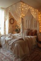 A cozy bedroom featuring draped canopy with decorative fairy lights photo