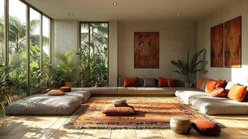 A cozy indoor lounge with large windows and vibrant plants photo