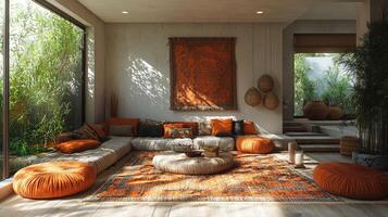 A comfortable lounge area featuring natural elements and warm colors photo