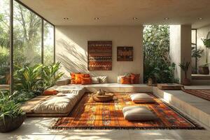 A tranquil indoor space featuring natural light and lush greenery photo