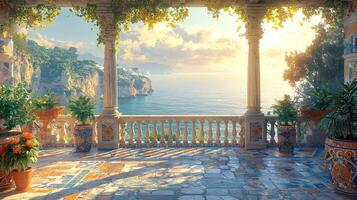 An elegant seaside balcony overlooks a beautiful tranquil ocean landscape photo