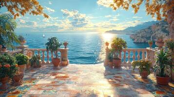 Scenic seaside view from a tiled patio overlooking a tranquil ocean photo