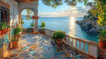 A beautiful seaside balcony with ocean view and decorative elements photo