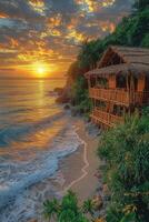A beautiful coastal sunset over the ocean with a hut photo