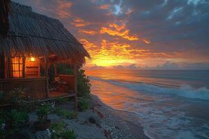 A beautiful tropical hut sits at the edge of the ocean photo
