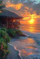 A beautiful seaside cabin during a vibrant ocean sunset at dusk photo