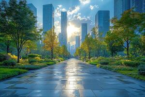 The sun shines on a city park path with tall buildings photo