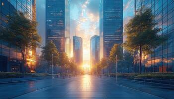 A modern cityscape featuring tall buildings with a beautiful sunset view photo