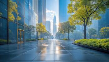 A sunny street scene with modern buildings and vibrant trees photo