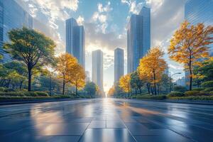 City street lined with trees and tall buildings beneath cloudy sky photo