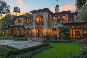 Luxurious Stone Mansion Displayed At Dusk With Beautiful Landscape photo