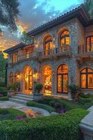Luxurious stone mansion with elaborate architectural details at dusk time photo