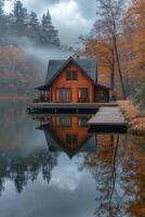 A wooden cabin stands on a lake reflecting in the still water photo